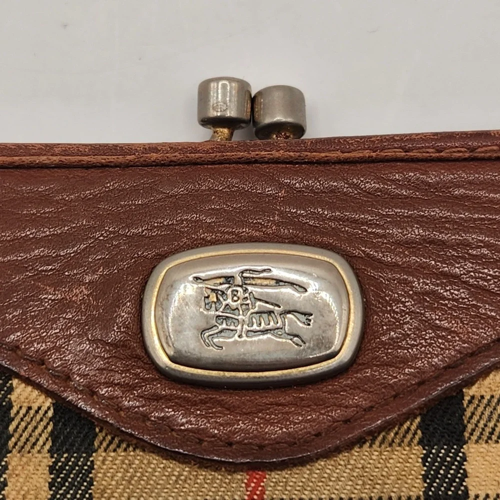 Vintage Burberry Classic Nova Check Kiss Lock Bifold Wallet Canvas Leather
